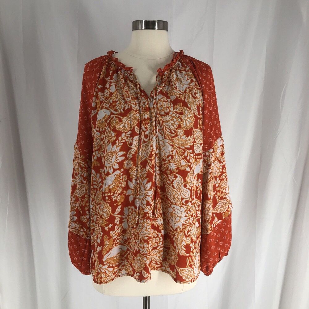 Vince Camuto Floral Blouse Medium Orange Ruffle Sleeve Tie Neck Boho Romantic